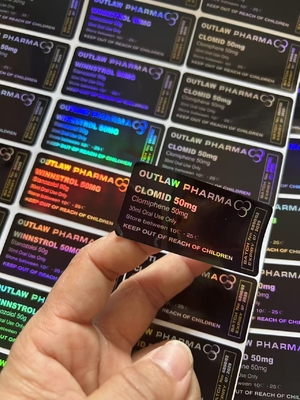 ملصقات زجاجات بلاستيكية مخصصة Clomid 50mg  ملصقات ذات خلفية سوداء طباعة كلمات ليزرية